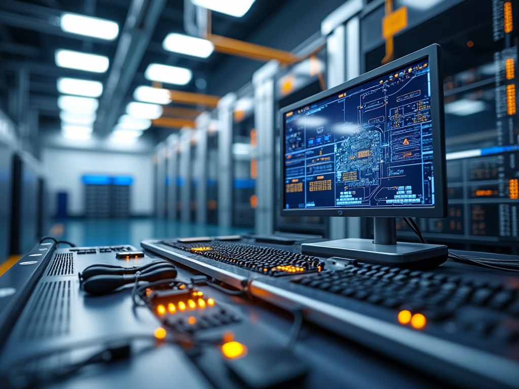 High-tech data center with computer monitor displaying digital schematics, surrounded by servers and glowing equipment.