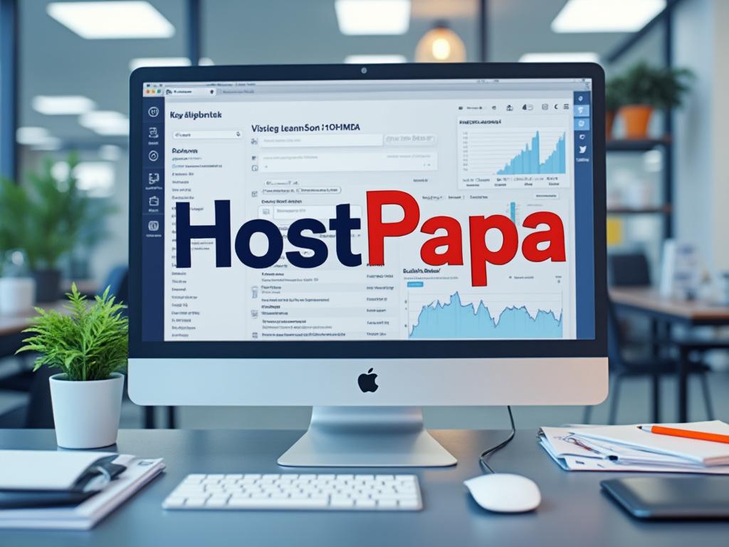 Modern office desk with a computer displaying HostPapa website analytics and statistics.