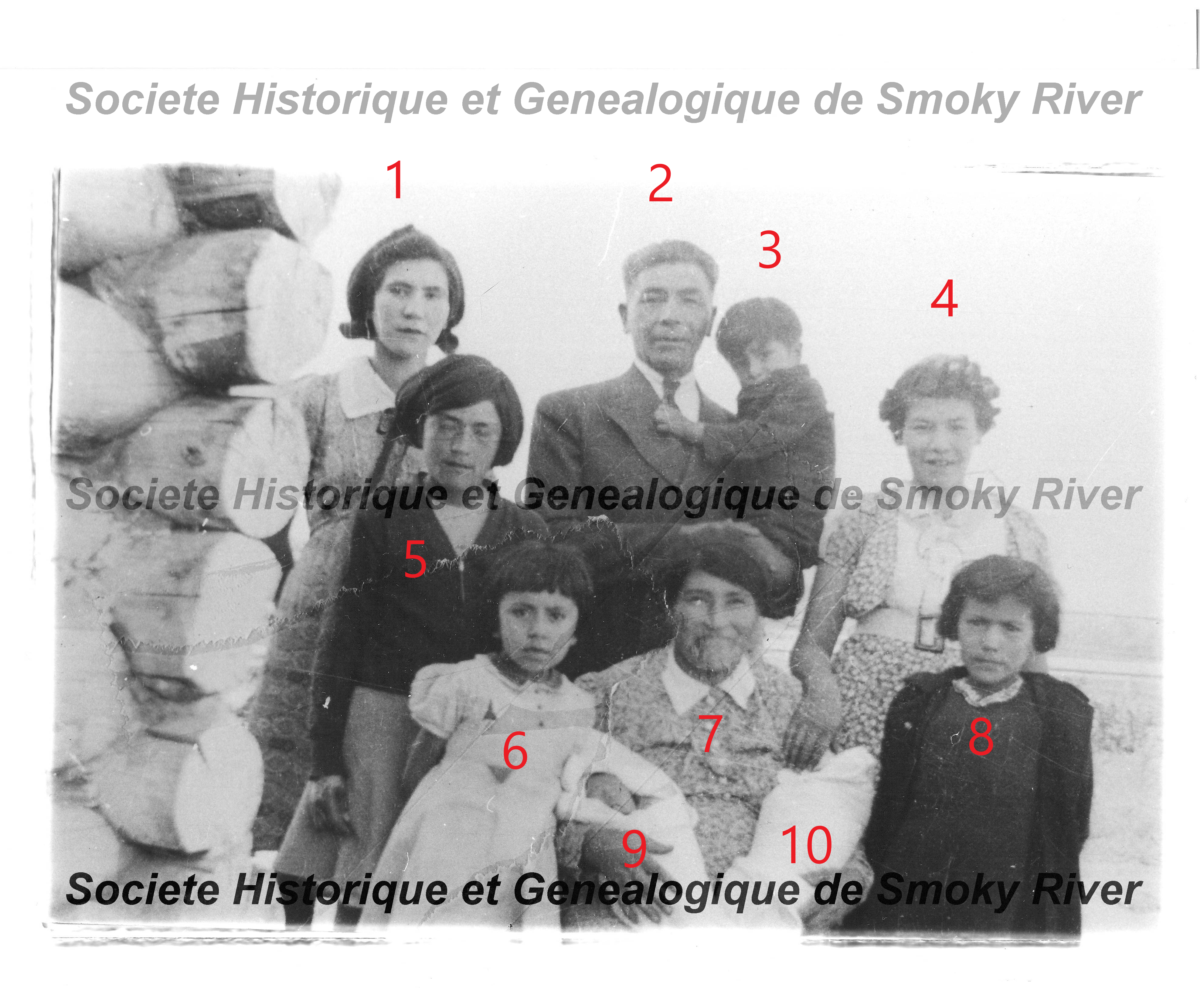 We know this is the Marie (7) and Adam (2) Wanotch family in September of 1940. The kids of Marie and Adam are Frank, William, Roy, Helen, Edith, and Alice (we aren't sure which ones are which) and seem to have two extra people in this picture compared to the write up in the Fort Vermilion History book. Please let us know if you recognize anyone or have further insights!
2006.01.139 / Societe Historique et Genealogique de Smoky River