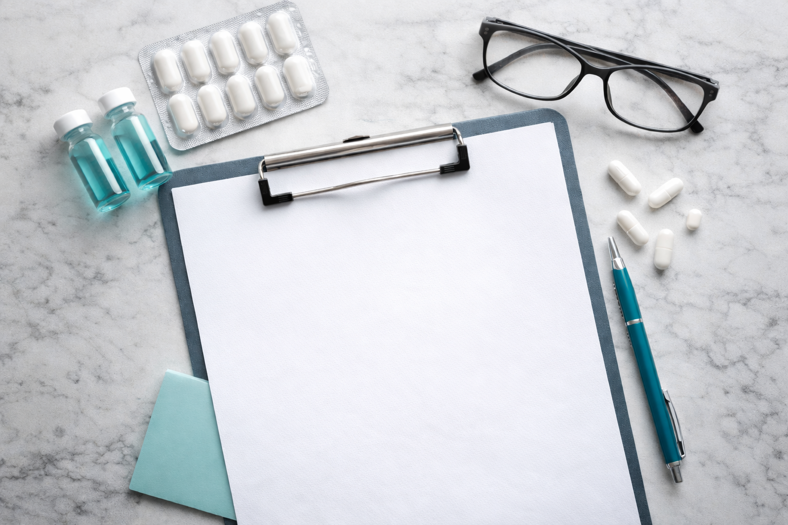 Smiling female doctor with stethoscope holding a tablet in a bright medical office.