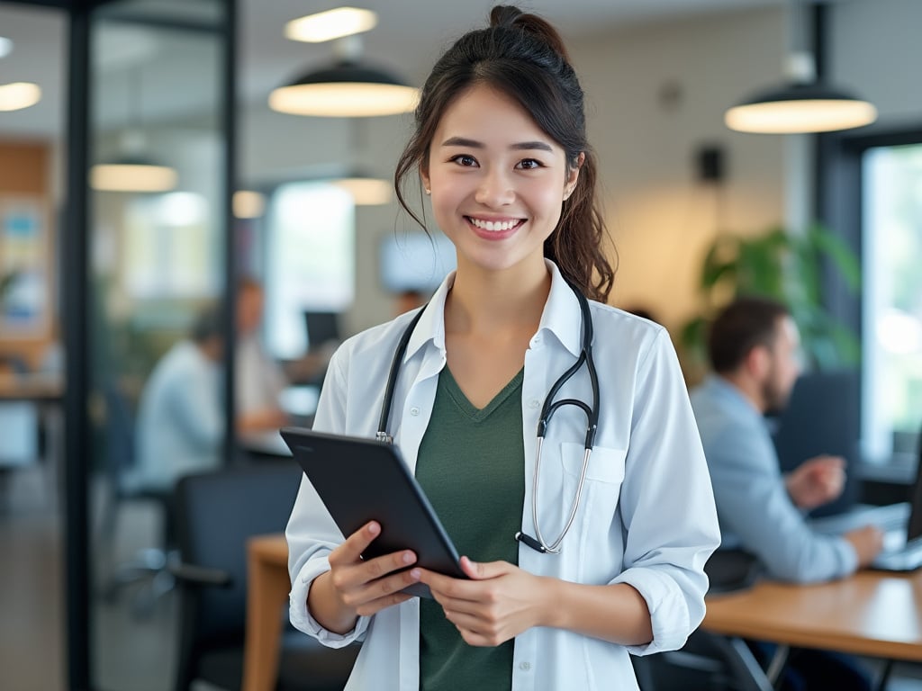 Smiling doctor holding a tablet in an office setting with colleagues in the background.