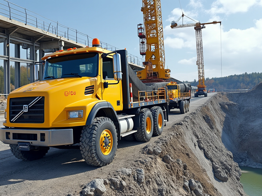 Yellow construction trucks and cranes at a quarry site with a partially constructed bridge in the background.