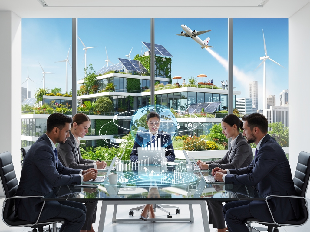 Business team meeting in sustainable smart city office with holographic data, solar panels, wind turbines, and airplane outside Business team meeting in sustainable smart city office with holographic data, solar panels, wind turbines, and airplane outside