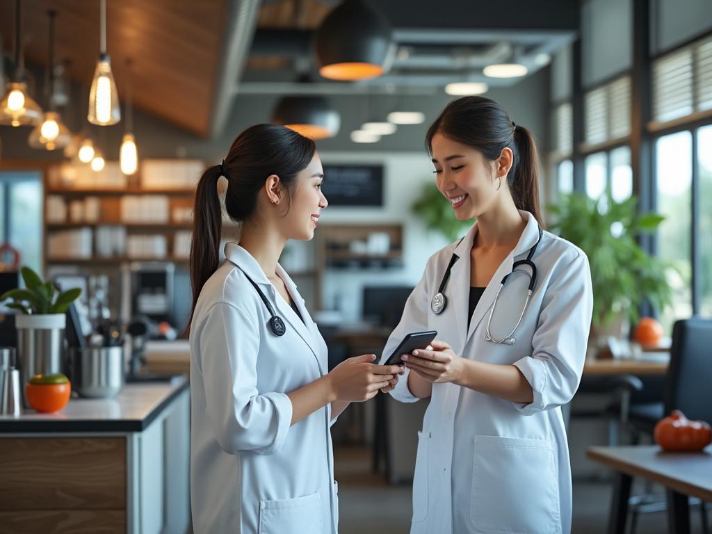 Two female doctors in white coats with stethoscopes, smiling and looking at a mobile phone in a modern, well-lit clinic.