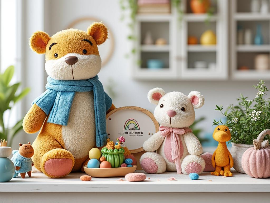 Cute stuffed animal toys, including a bear with a blue scarf and a white bear with a pink bow, surrounded by colorful eggs and decorative plants in a cozy room.