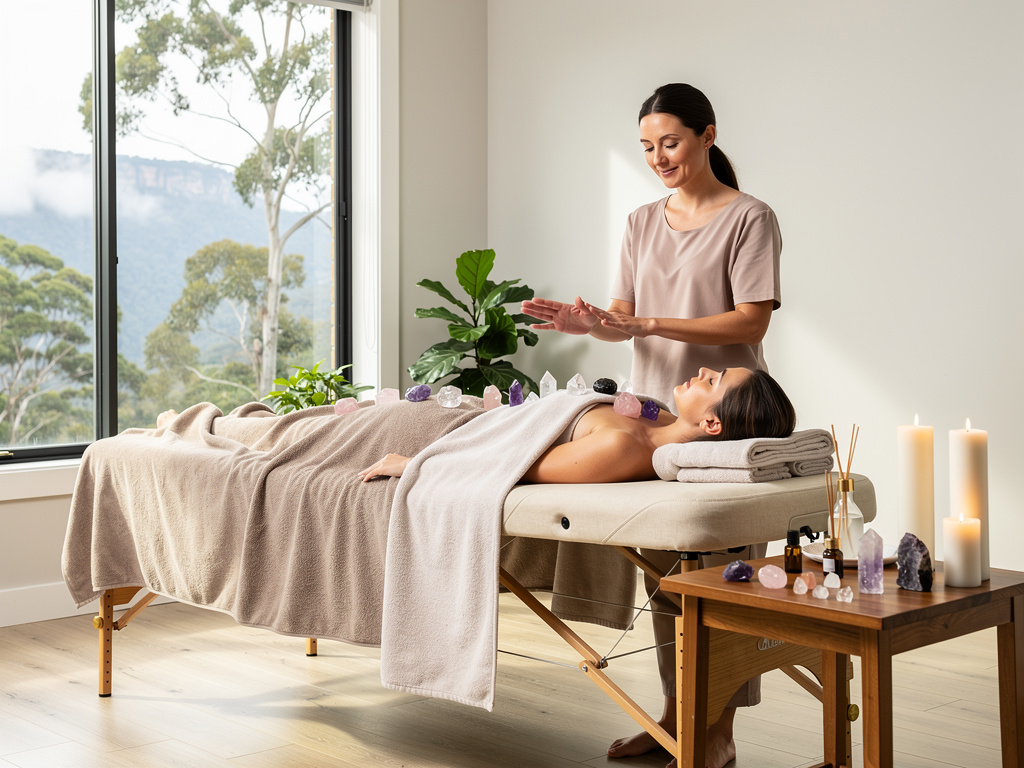 Reiki crystal healing session with practitioner treating woman on massage table in serene spa room
