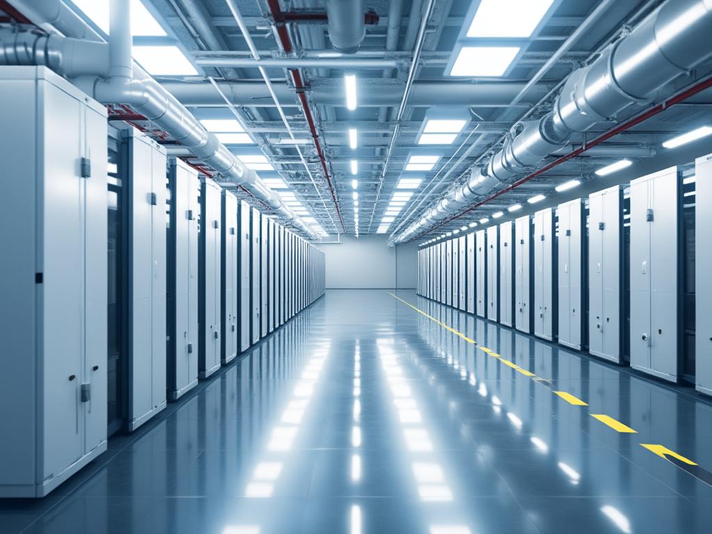 Modern data center interior with rows of server racks and bright overhead lighting.