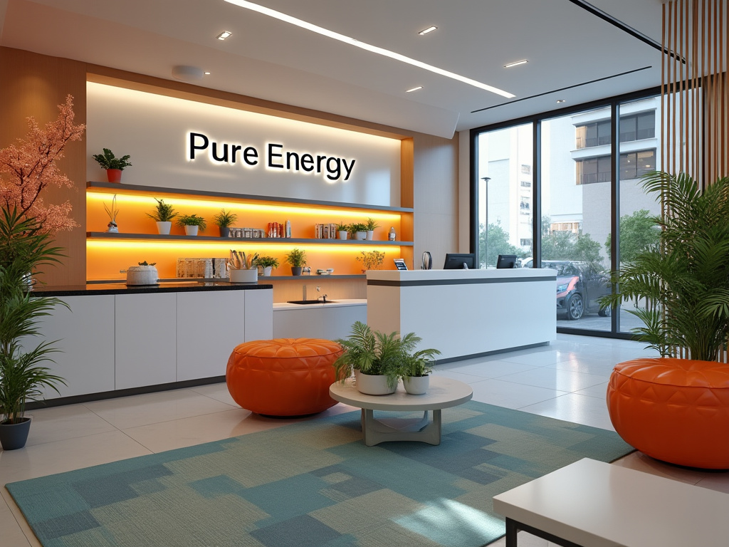 Modern reception area of Pure Energy office with white desk, orange lighting, shelving with plants, and large windows.