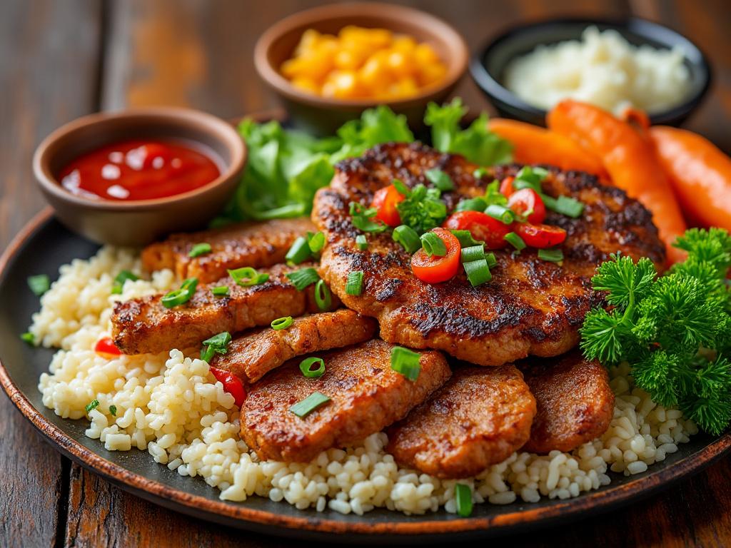 Grilled meat patties on a bed of couscous garnished with green onions and cherry tomatoes, accompanied by carrots, mashed potatoes, and corn in bowls.