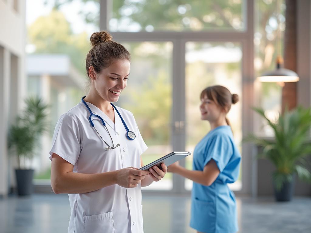 Smiling female doctor with stethoscope using tablet in modern medical office, colleague in background.