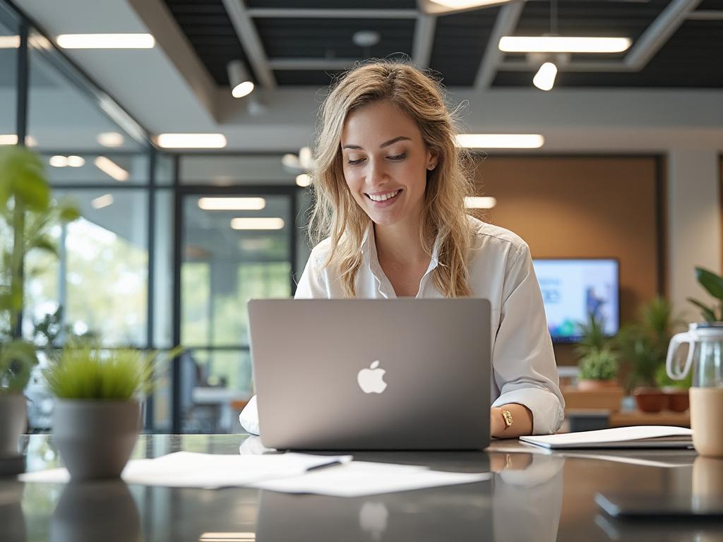 Smiling woman working on a laptop in a modern office with indoor plants and bright lighting.