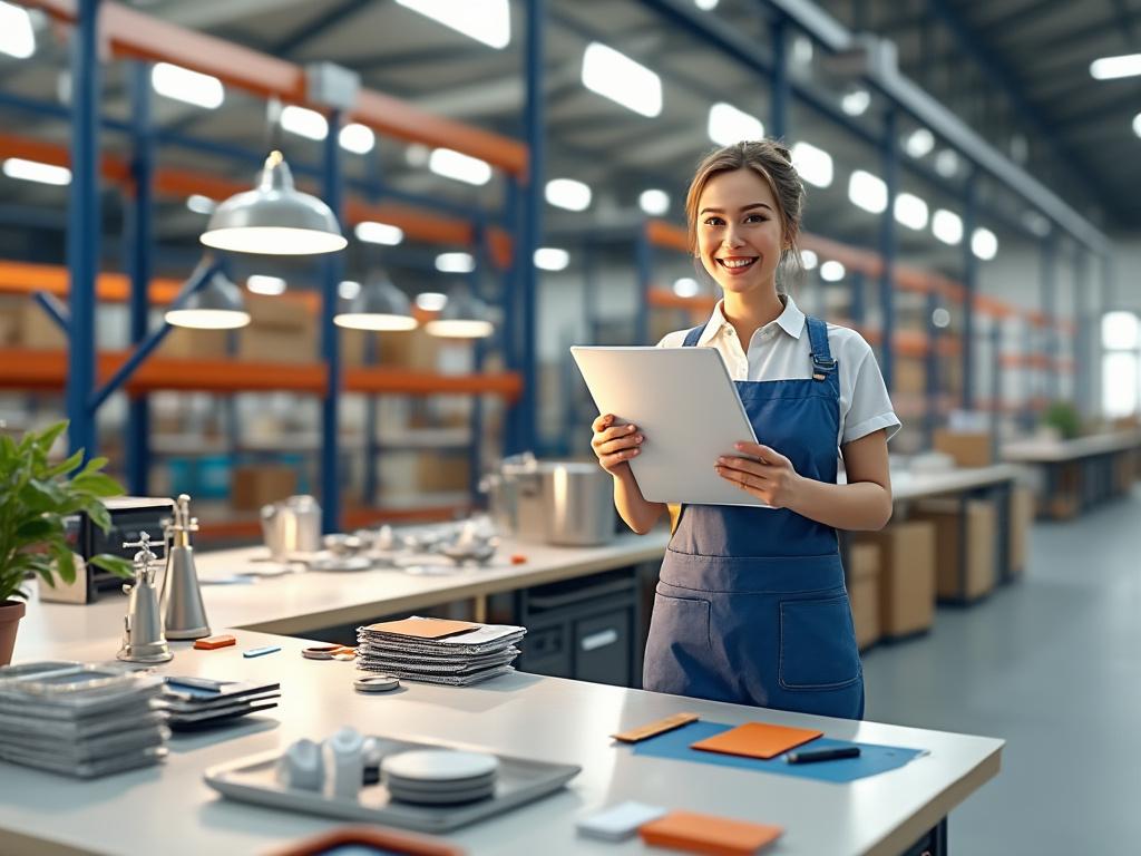 Young woman in a warehouse wearing an apron, holding a clipboard, with various office supplies on a table.