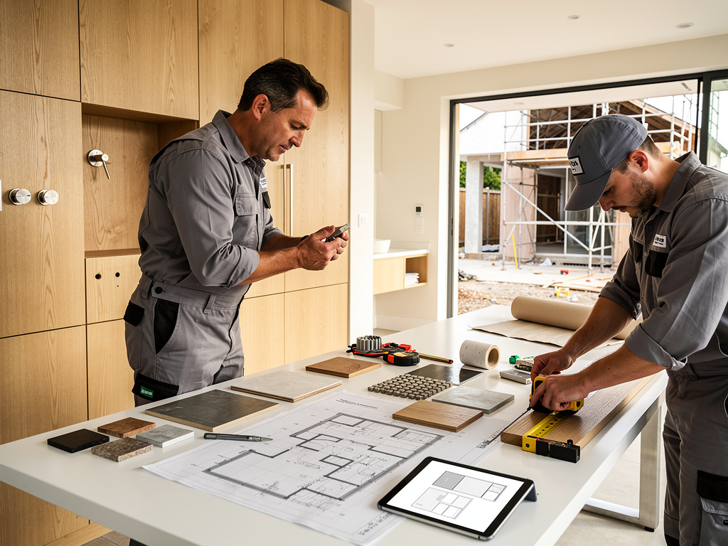 Two contractors reviewing floor plans, material samples, and measurements during a modern home renovation