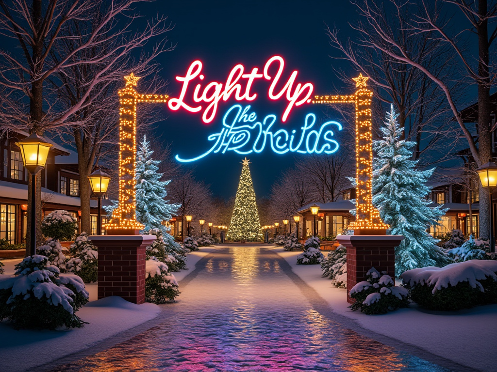 Festive winter scene with illuminated 'Light Up the Holidays' sign, snow-covered trees, and glowing street lamps.
