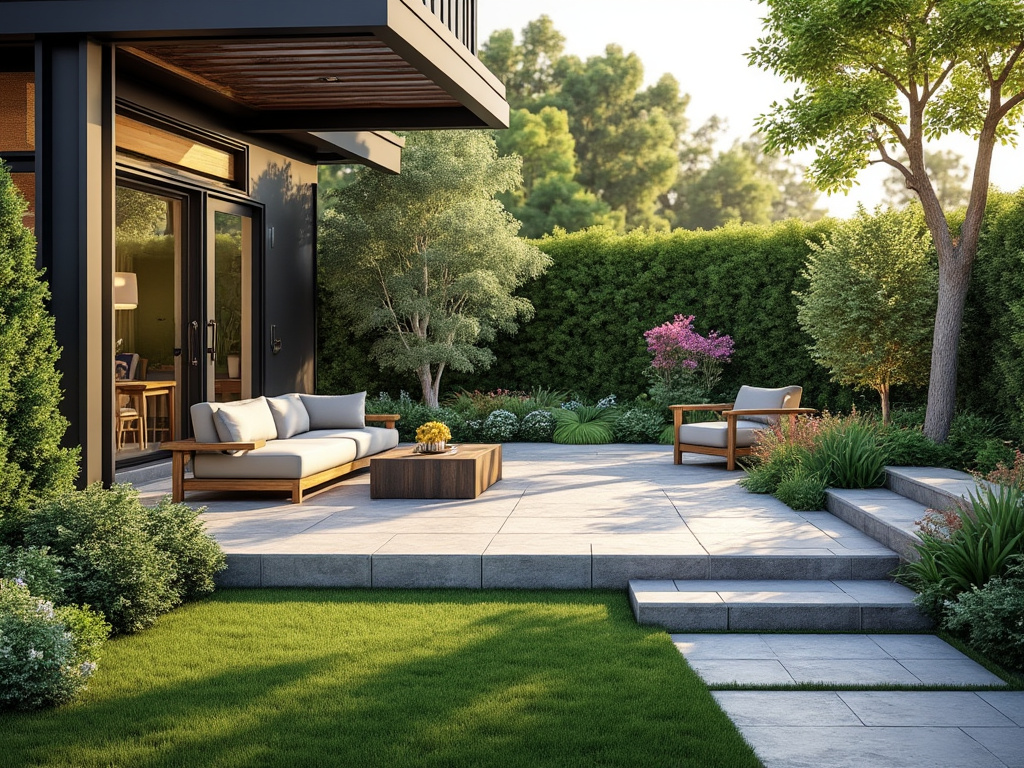 Modern patio with outdoor furniture, surrounded by lush greenery and trees, featuring a cozy seating area on a tiled terrace.