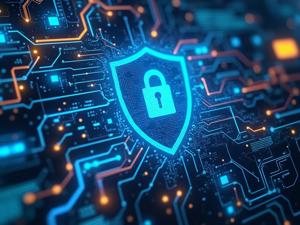 Digital cybersecurity concept with a glowing lock symbol on a circuit board background.
