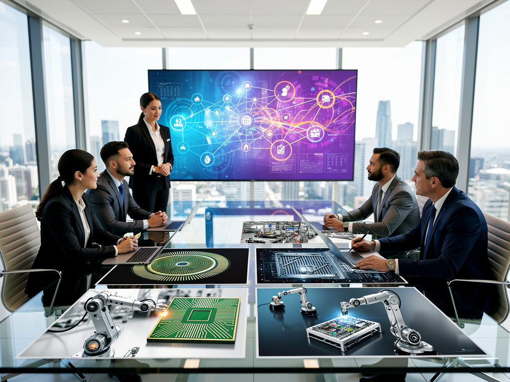 Business team discussing AI, robotics and technology innovation in a modern conference room