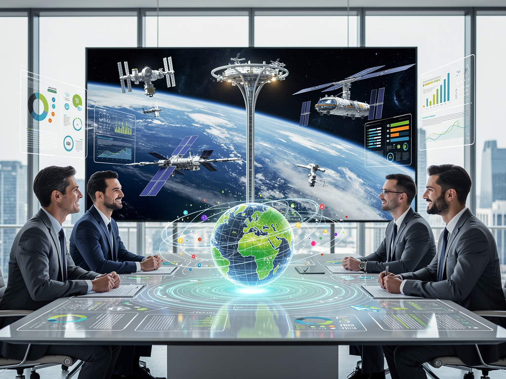 Business executives in a futuristic meeting room analyzing holographic Earth, satellite data, and space technology dashboards Business executives in a futuristic meeting room analyzing holographic Earth, satellite data, and space technology dashboards