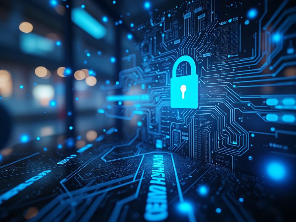 Digital security concept with blue padlock icon on a circuit board background, symbolizing cybersecurity and data protection.