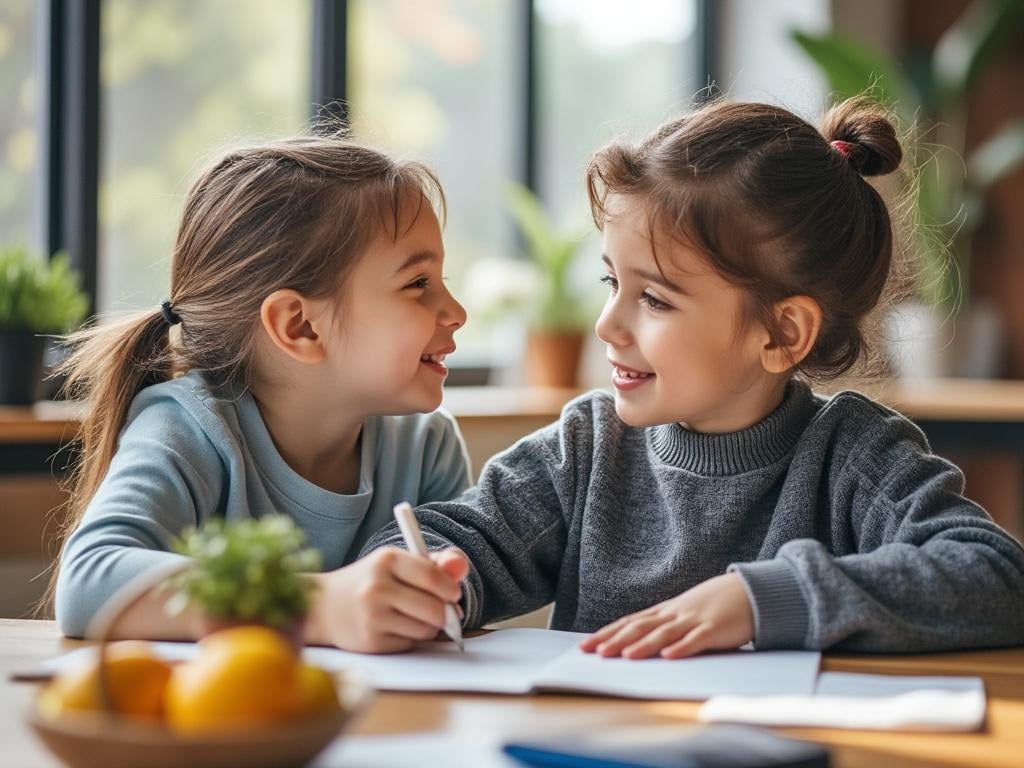 Two young girls smiling and writing at a wooden table, with fruit and plants in the background, in a sunlit room.