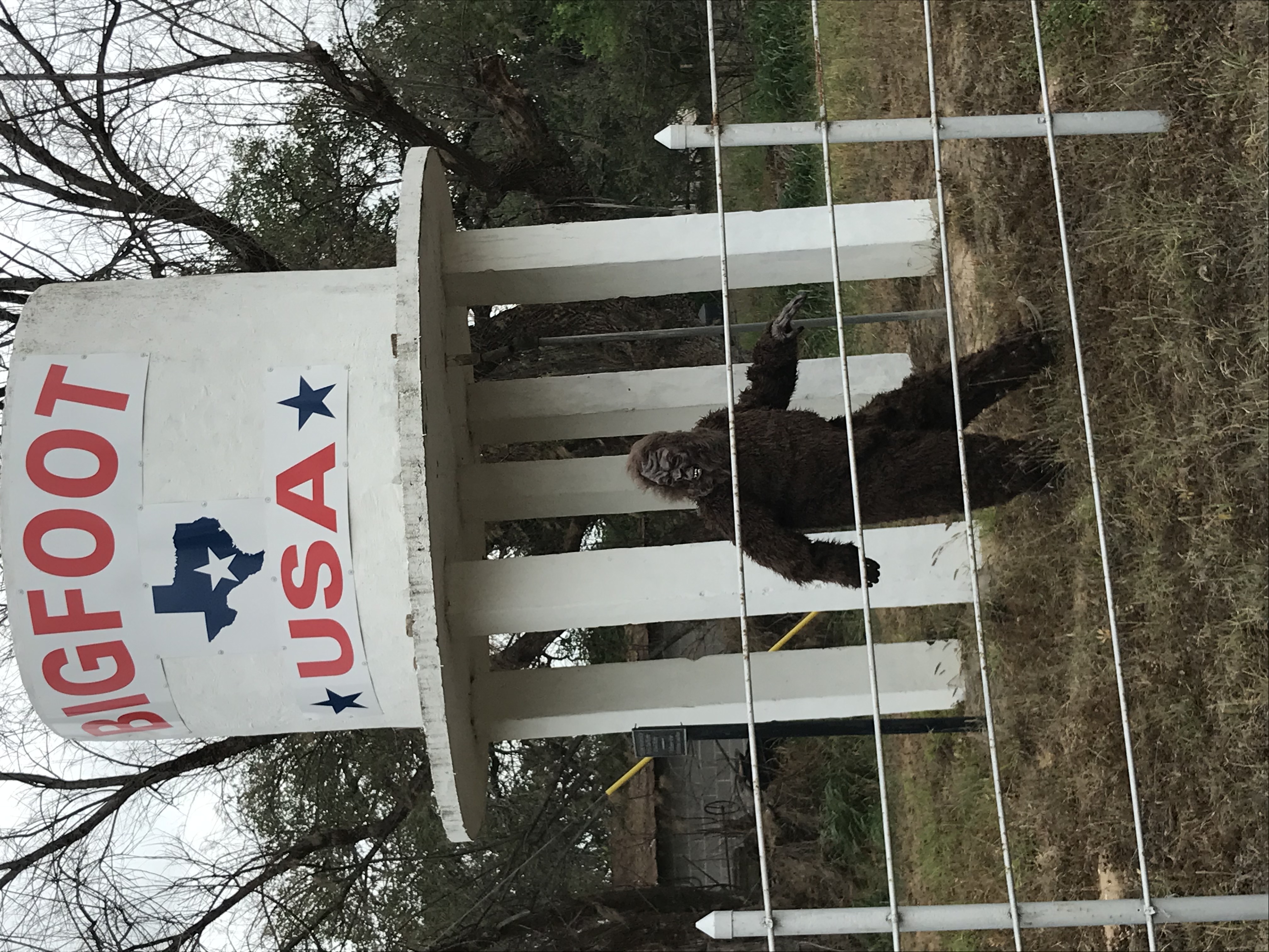 A Sasquatch living it up in Bigfoot Texas, in front of a water tower.
