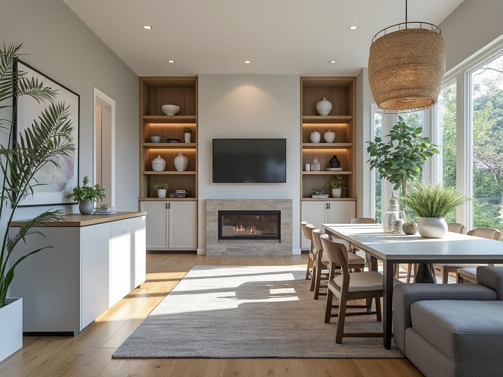 Modern living and dining room with large windows, wooden flooring, elegant furniture, a wall-mounted TV, a cozy fireplace, and lush indoor plants.