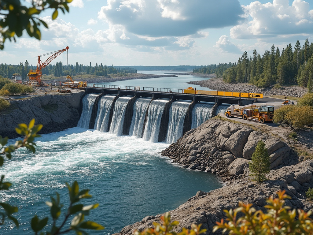 Scenic view of a dam with water flowing over, surrounded by lush green trees and construction machinery in operation.
