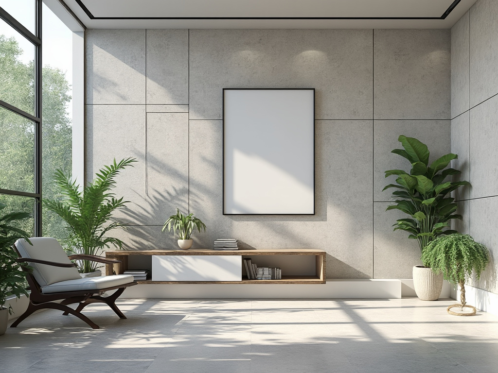 Modern living room with large windows, indoor plants, a wooden chair, and a blank canvas on a textured wall.