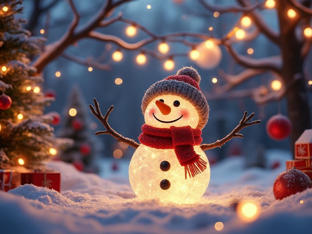 image of a white glowing snowman with a red and white hat, red scarf, and red buttons. Standing in front of a christmas tree with snow. image of a white glowing snowman with a red and white hat, red scarf, and red buttons. Standing in front of a christmas tree with snow.