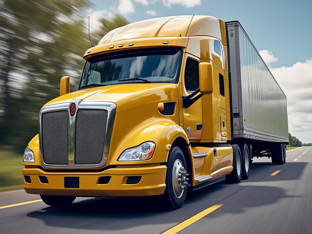 Yellow semi-truck driving on a highway with a blurred background. Yellow semi-truck driving on a highway with a blurred background.