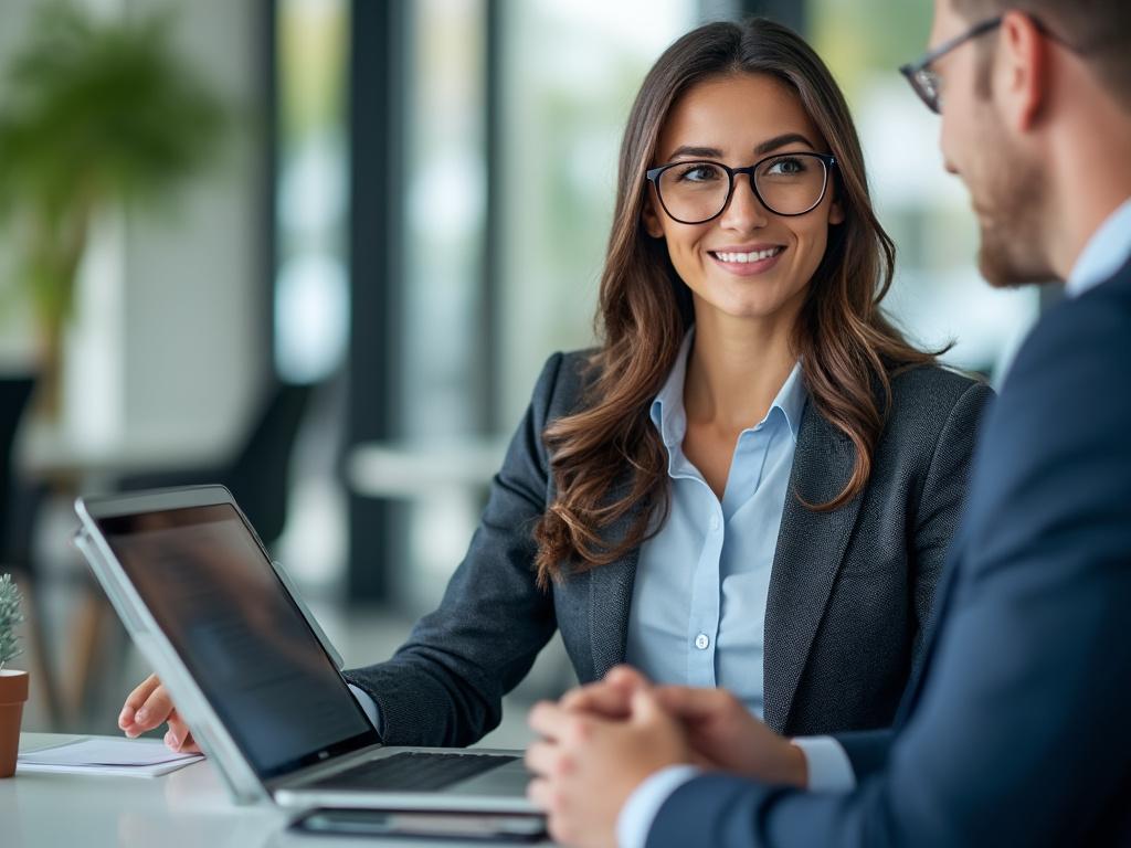 Business meeting in modern office with a smiling woman in glasses and a man, both in formal attire, discussing over a laptop.