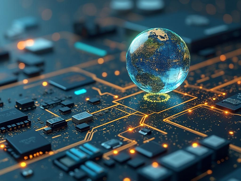 Digital globe floating over a glowing circuit board, representing global technology and connectivity.