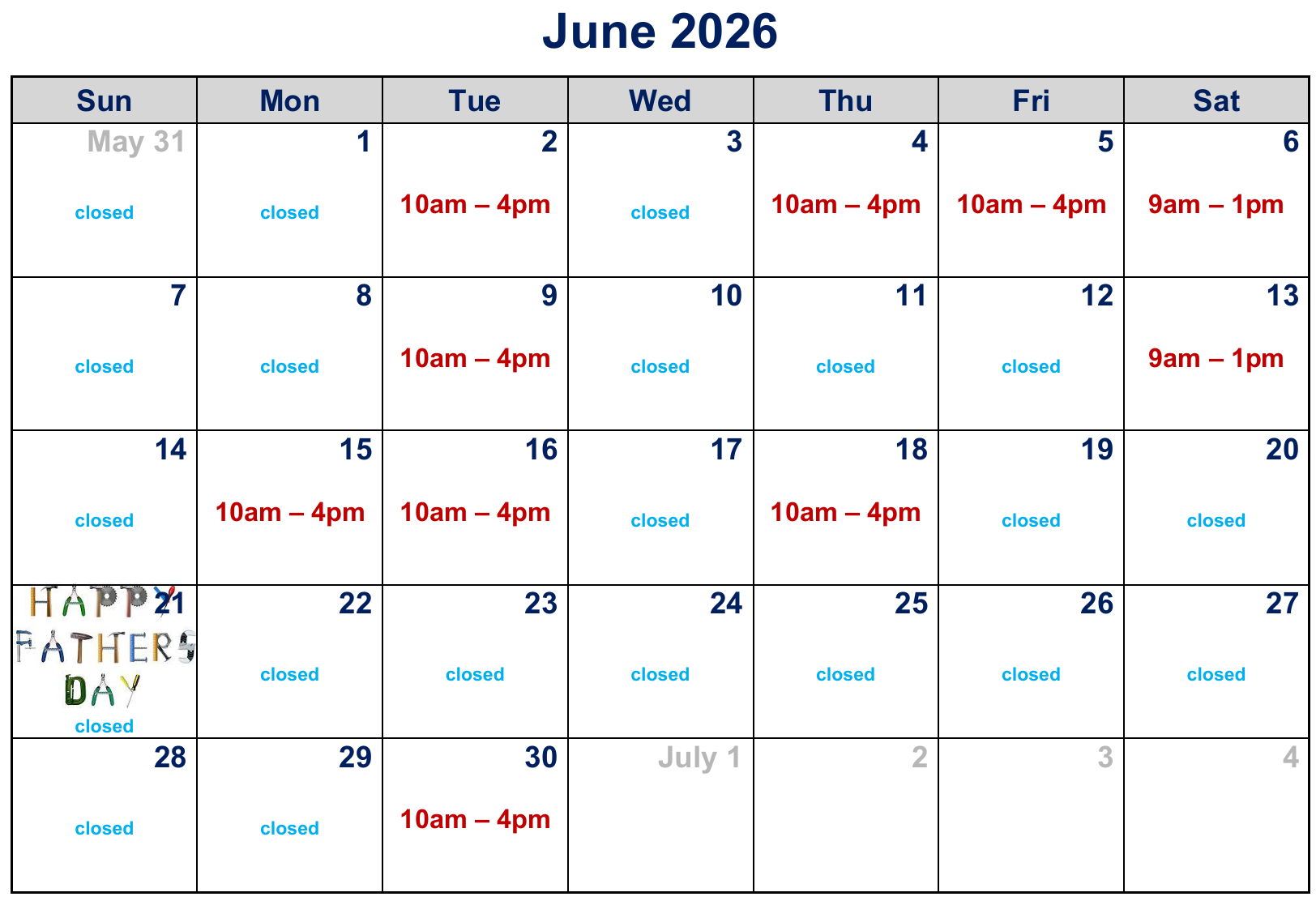 Clinic hours for this month