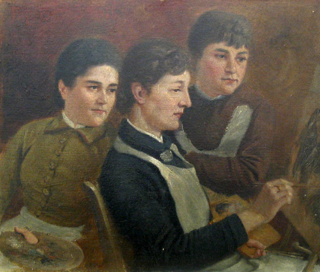 Three Artists, oil on board