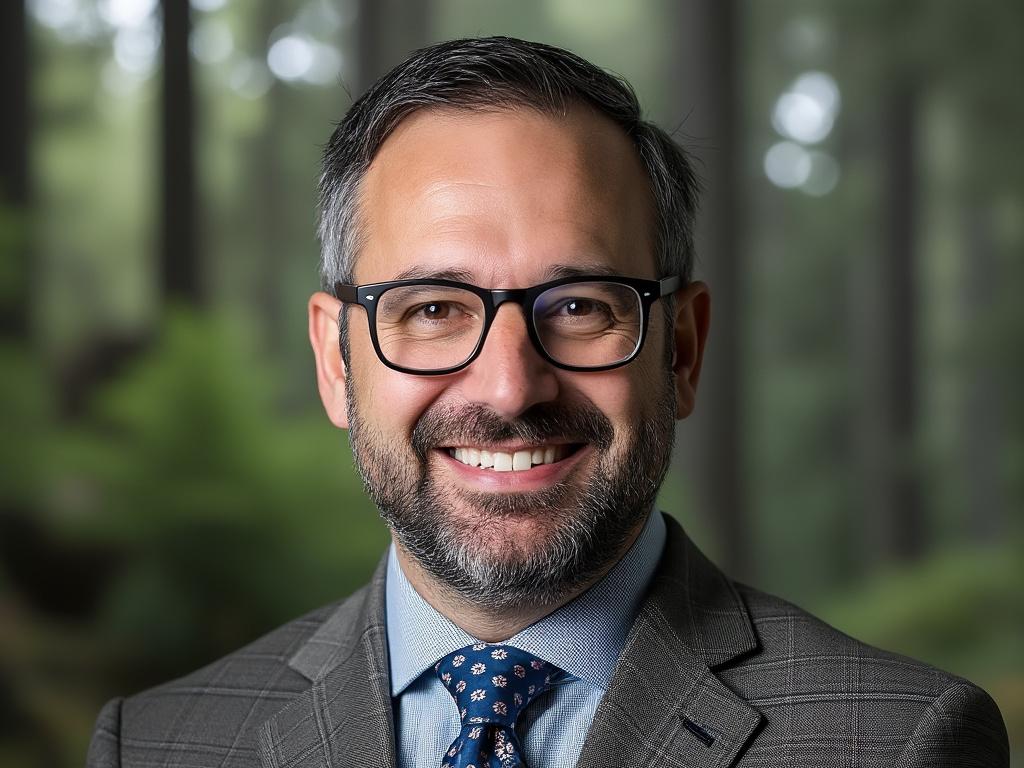 Portrait of a smiling man with glasses and a beard, wearing a checked suit and tie, standing in a blurred forest background.