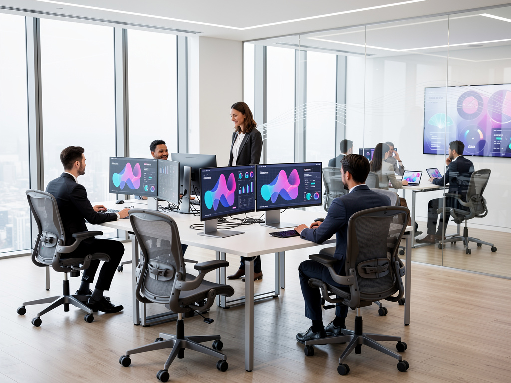 Modern office team working on multiple monitors with colorful data analytics dashboards
