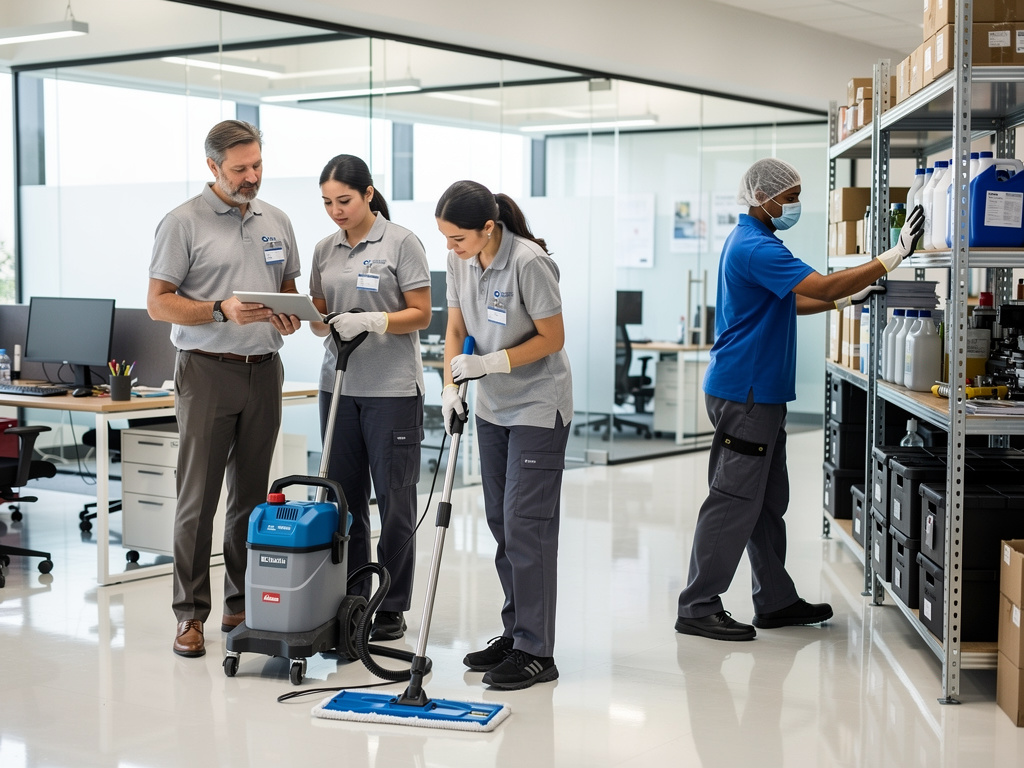 Professional cleaning staff using a floor mop and equipment while organizing supplies in a modern office facility

