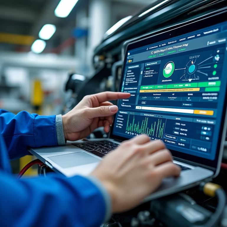 Engineer analyzing industrial data on a laptop screen with graphs and system monitoring in a manufacturing plant.