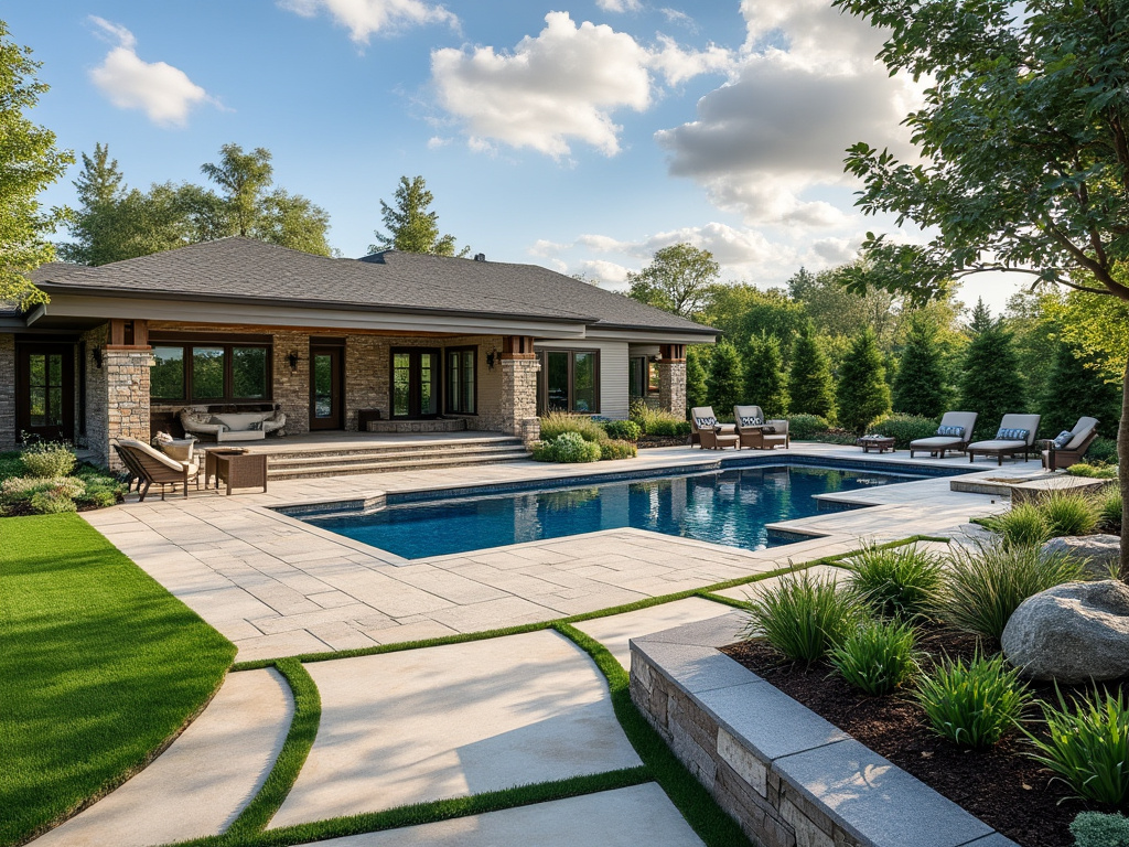 Luxury backyard with modern pool, patio furniture, and lush landscaping in a residential setting.