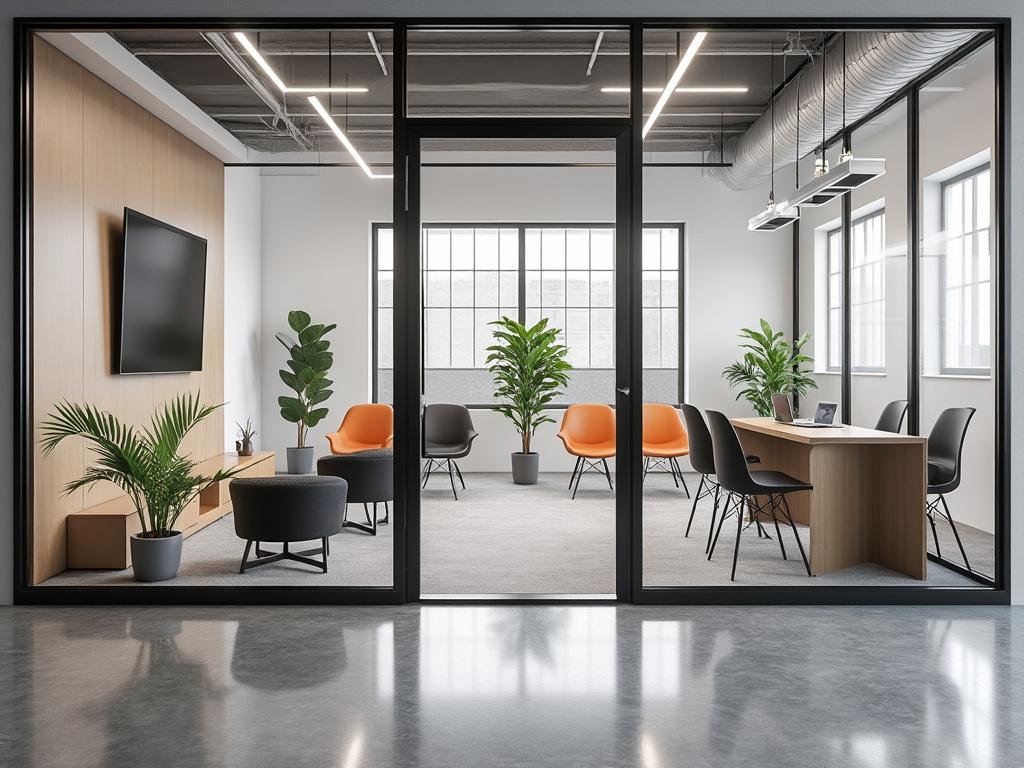 Oficina moderna con paredes de vidrio, plantas decorativas, sillas naranjas y negras, mesa de conferencias de madera y televisor.
