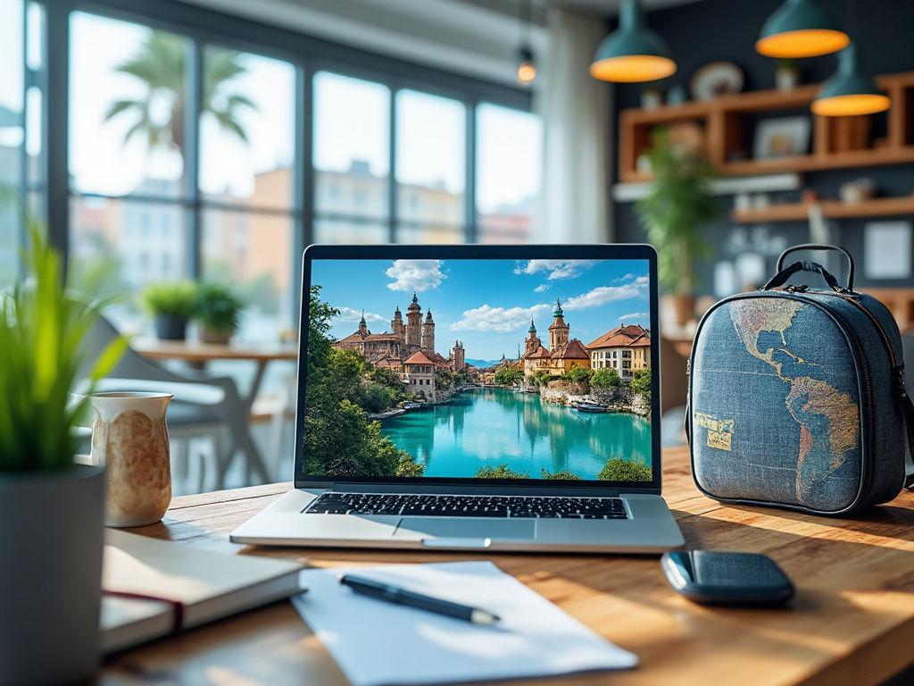 Moderner Arbeitsplatz mit Laptop, Reiserucksack und Pflanzen, Stadtansicht auf Bildschirm.