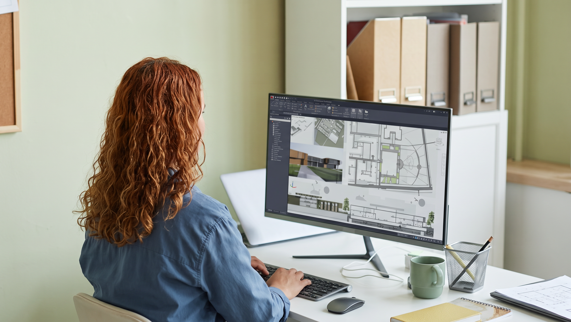 Architecte travaillant sur des plans et modèles 3D BIM dans un bureau d’architecture moderne avec écrans de conception