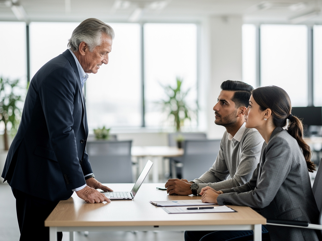 Real estate agents and clients discussing property documents in a modern office with house model on table