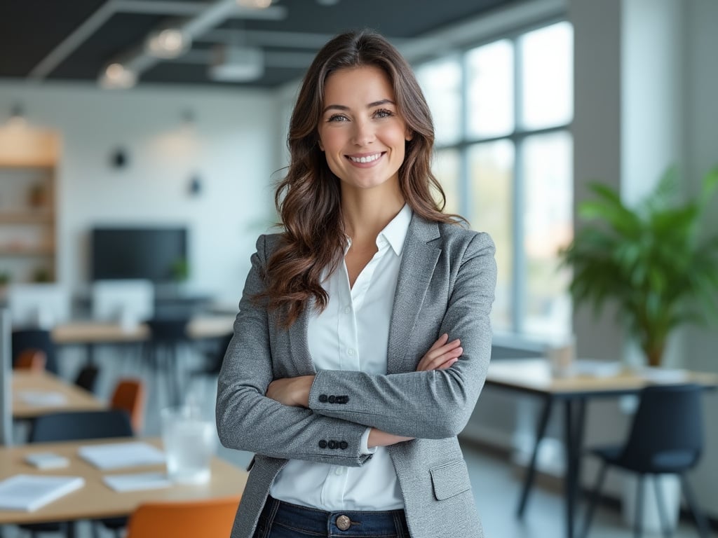 Confident businesswoman in a gray blazer smiling with arms crossed in a modern office.