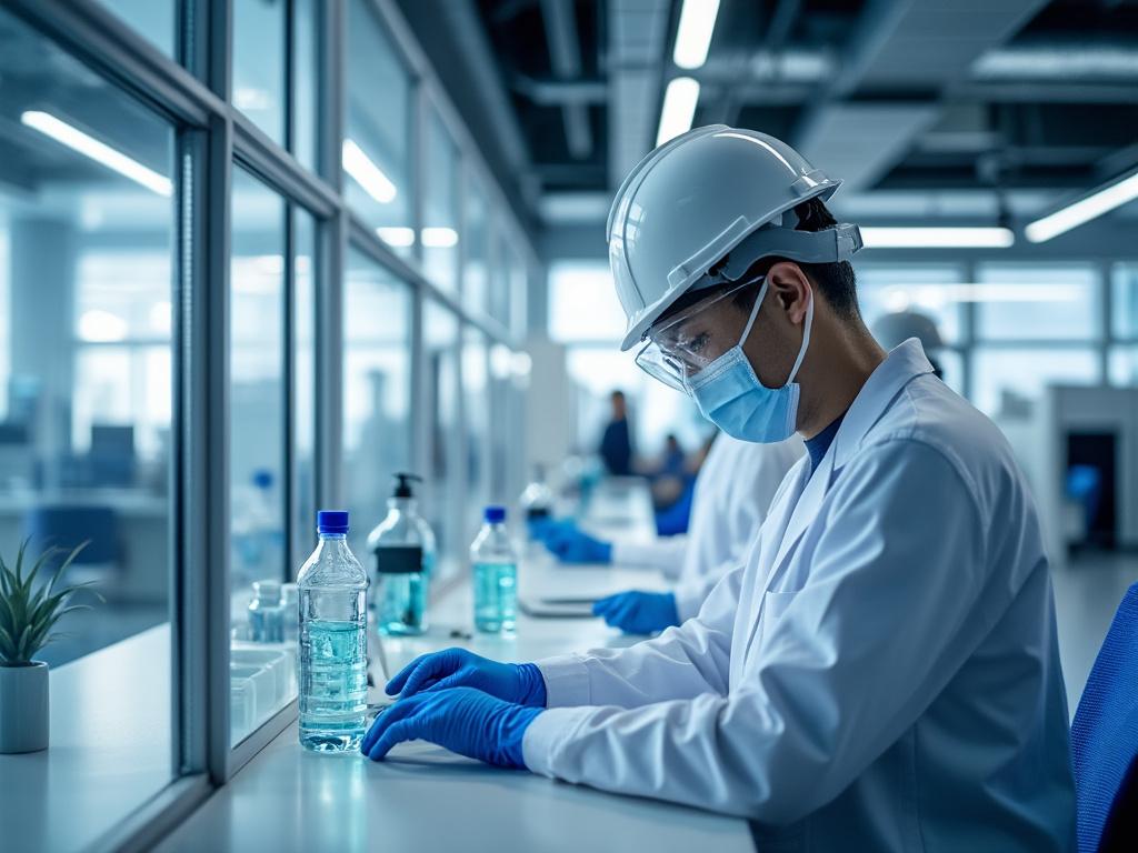 Scientist in safety gear working in a modern laboratory, wearing a helmet, mask, and gloves, surrounded by lab equipment and glassware.