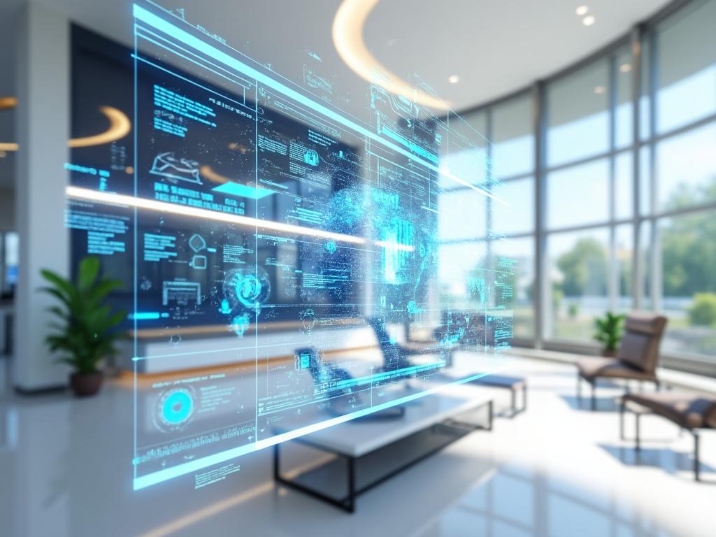 Futuristic office with digital interface display and modern furniture.