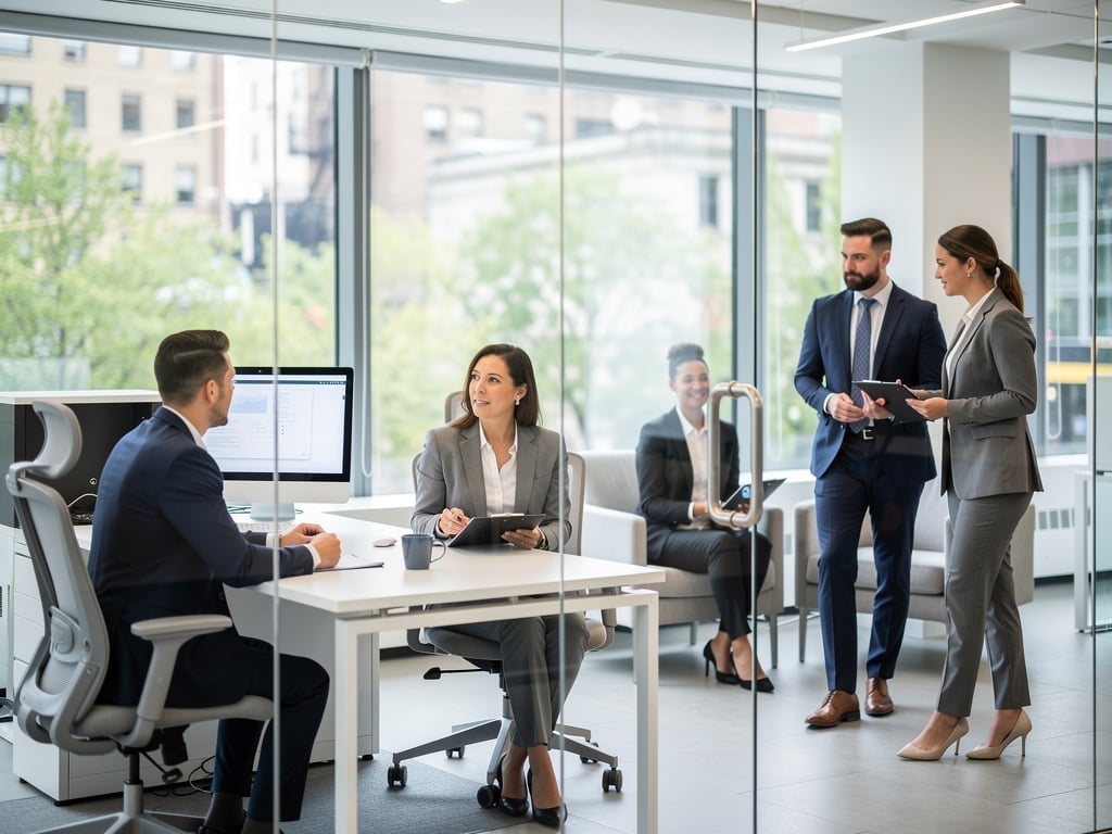 Business professionals meeting in a modern glass office with city views