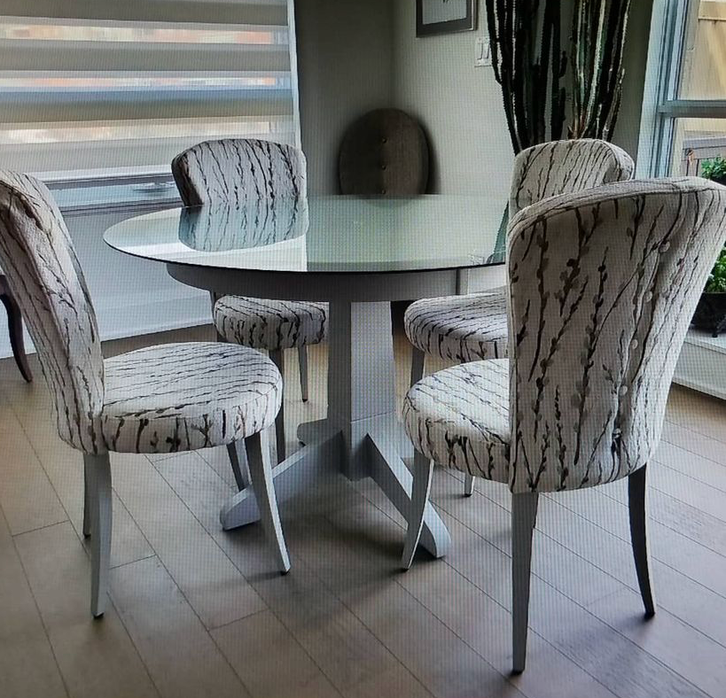 Custom Round Top with Bistro Single Base and custom 181 Astoria side chairs