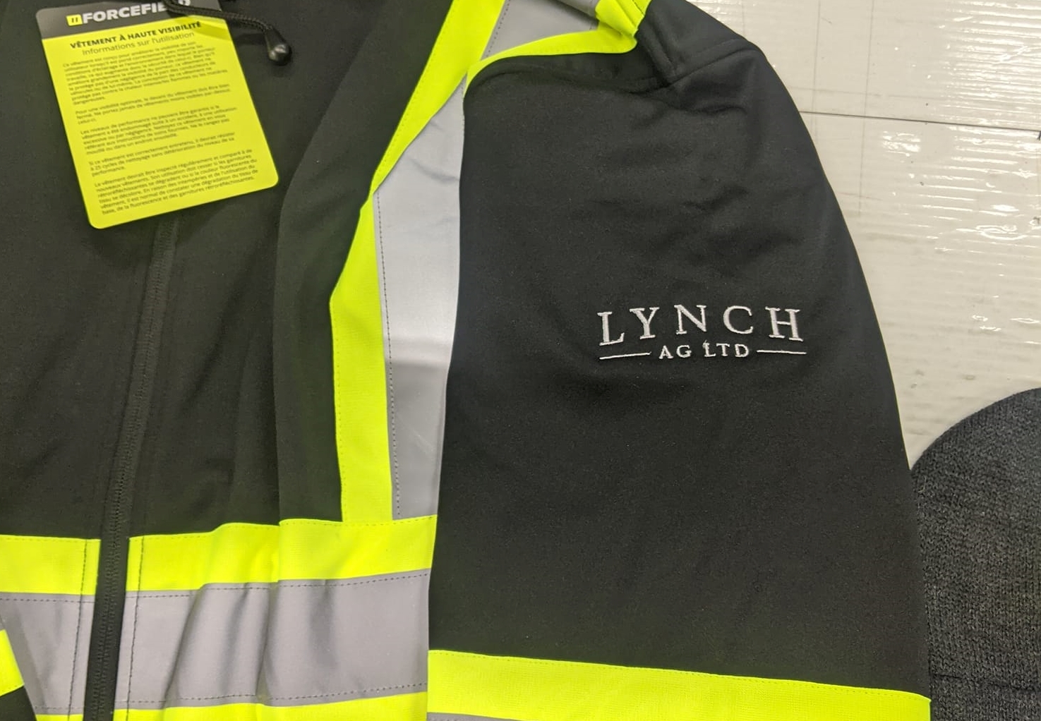 Embroidered sleeve of a safety jacket. 