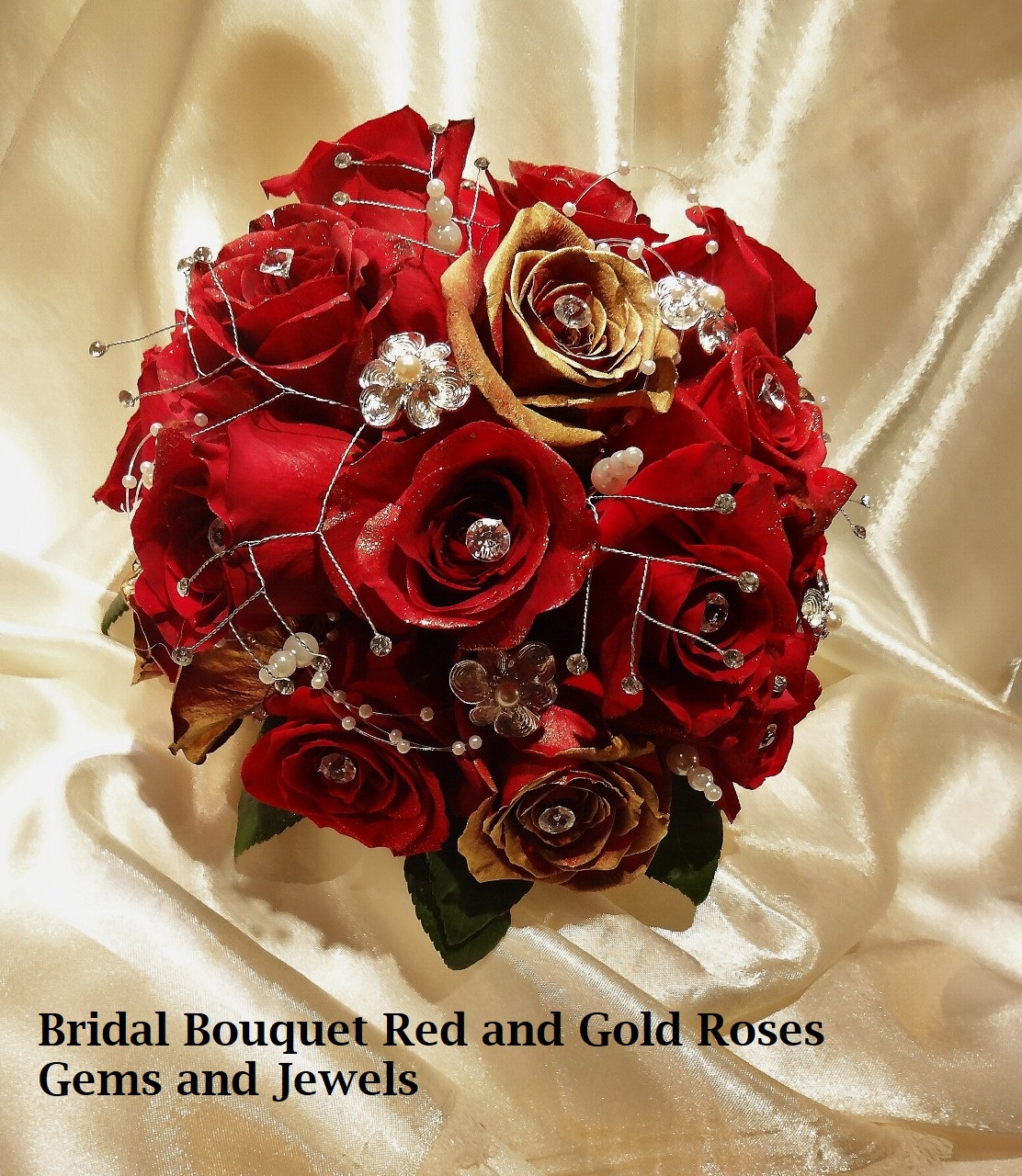 Check availability  $160 Bridal Bouquet Red and Gold Roses 
Gems and Jewels 